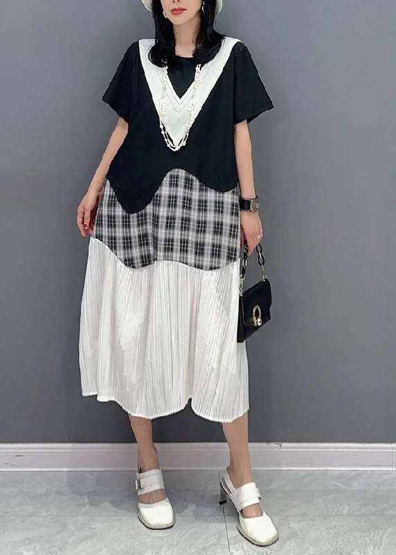 Flash Sale – Stunning Outfits At Exclusive Prices Natural Black O Neck Wrinkled Patchwork Cotton Dresses Summer