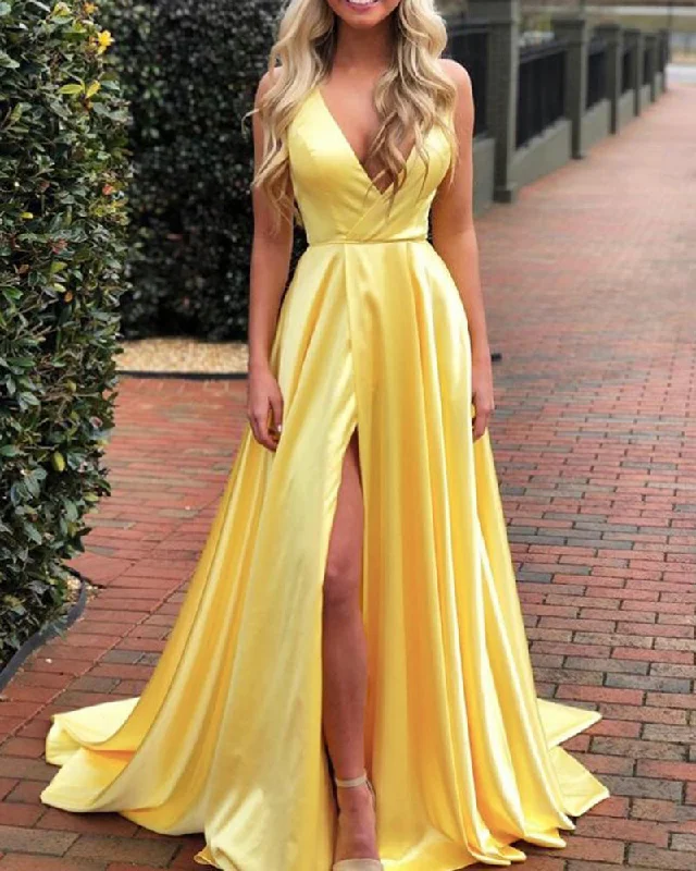 Flash Sale Online Bright Yellow Sexy Slit Long Girls Graduation Prom Dresses   PL6956