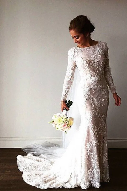Seasonal Trends Roycebridal Sparkly Romantic Lace Mermaid Bateau Long Sleeves Wedding Dresses, MW544