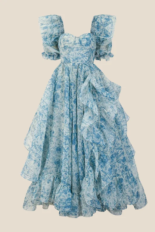 Boutique Styles Puff Sleeves Blue Floral Print Ruffle Long Dress