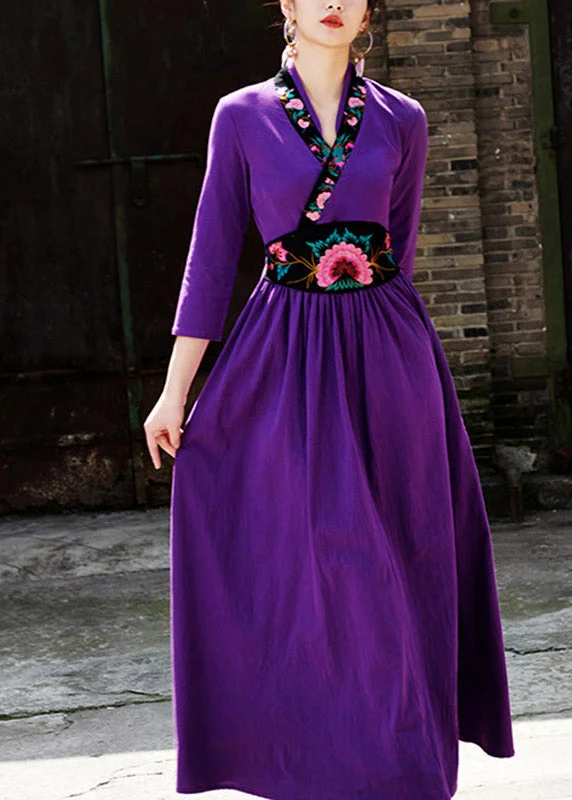 Fashion Forward Outfits Elegant Purple V Neck Embroideried Floral Zippered Wrinkled Maxi Dresses Fall