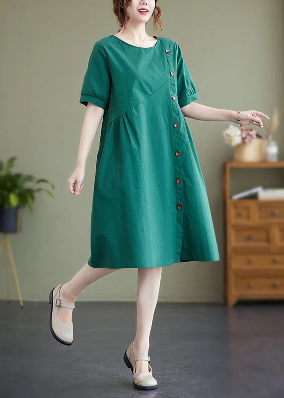 Your Favorite Styles Now On Sale Elegant Green Patchwork Wrinkled Button Cotton Vacation Dresses Summer