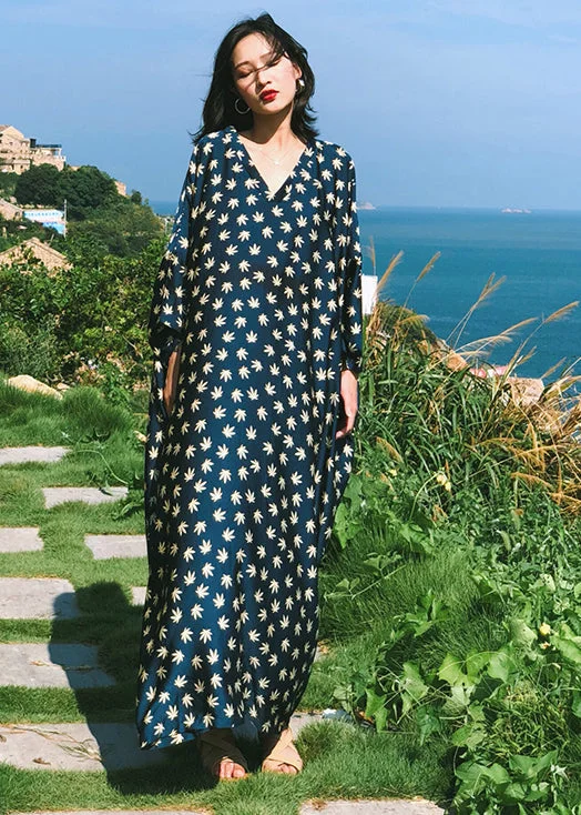 Hot Trends Bohemian Navy V Neck Print Patchwork Silk Robe Dresses Fall