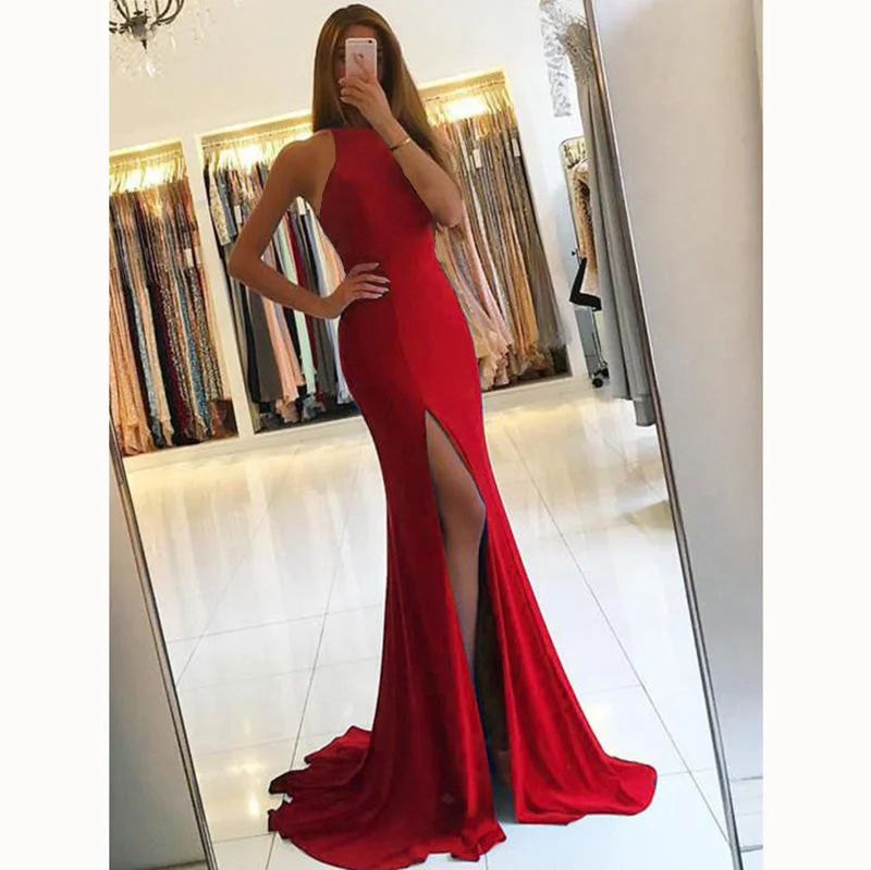 Big Sale Event Red Prom Dress 2018 Sexy Slit Halter Girls Evening Party Gown Vestido De Festa Longo vestido rojo largo LP6621
