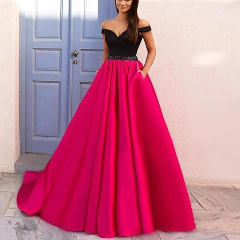 Latest Trends Elegant Off the Shoulder Black and Hot Pink Prom Dresses,Girls Senior Prom Gown,Formal Gowns 2020
