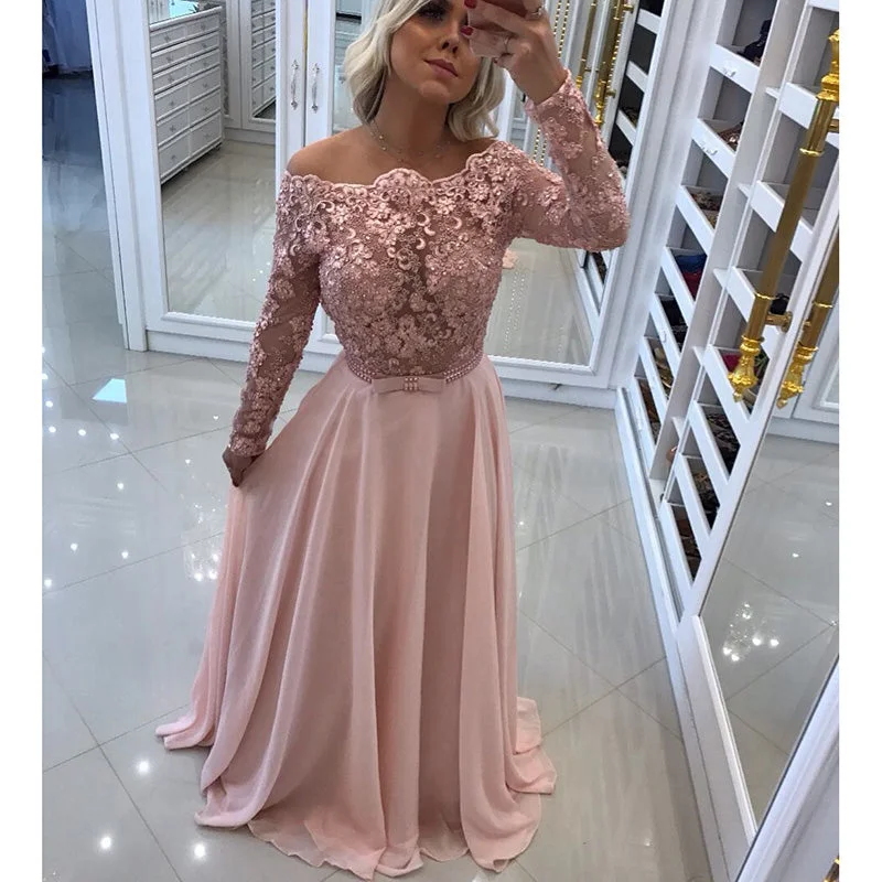 Online Boutiques Best Fancy Pink Off the Shoulder Lace Chiffon Long Sleeves Prom Dresses Girls Formal Wear