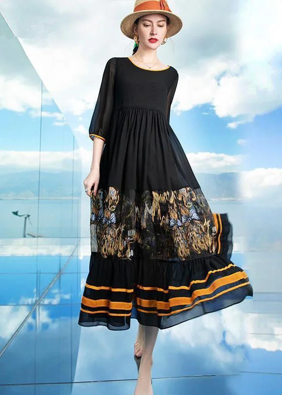 Big Discounts This Weekend Only Italian Black O Neck Wrinkled Patchwork Print Silk Beach Holiday Dresses Summer