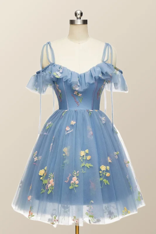 Evening Looks Blue Floral Ruffle A-line Homecoming Dress