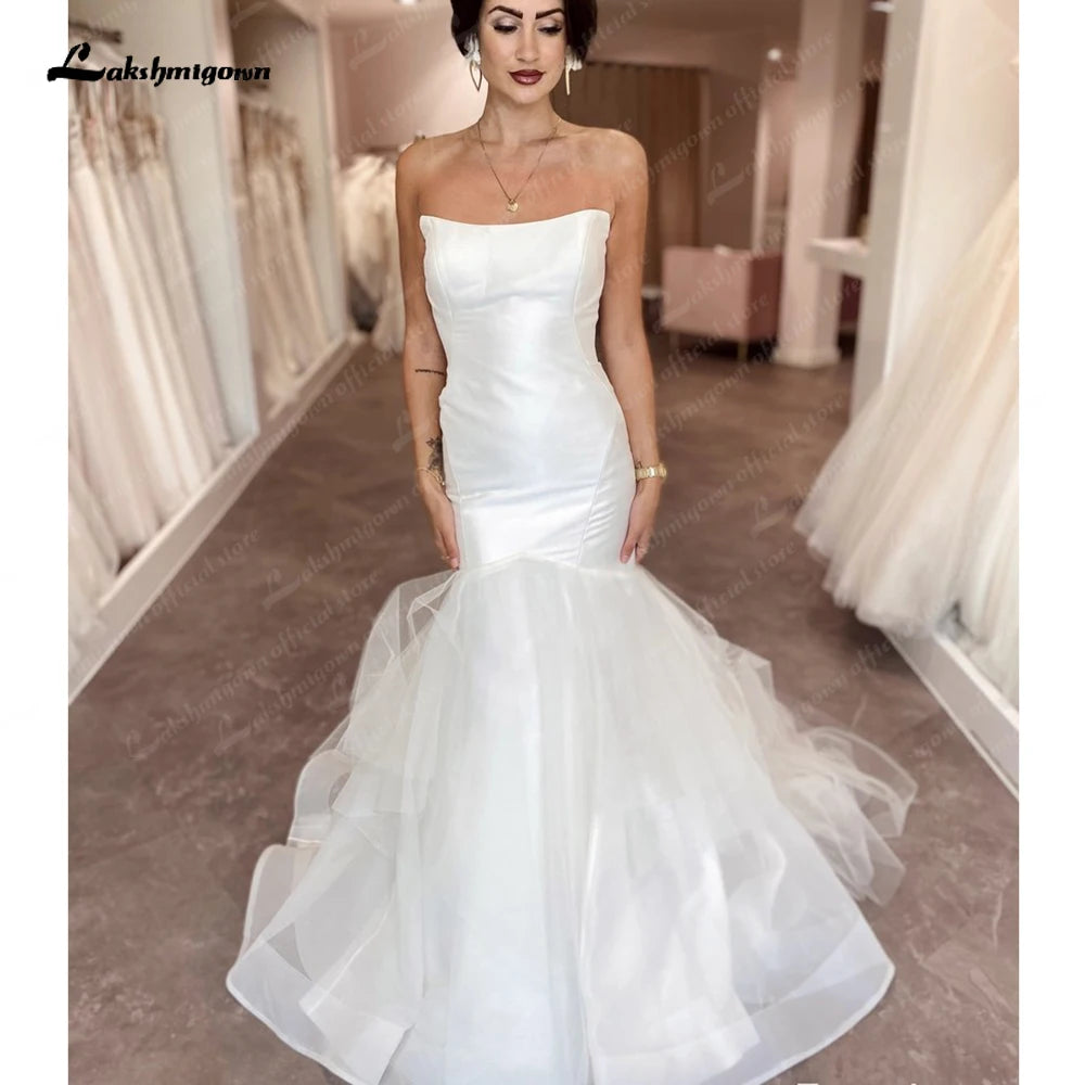Limited Time Offer Lakshmigown Strapless Mermaid Organza Boho Wedding Dress 2025 Off White Ruched Beach Bridal Gowns vestidos para mujer
