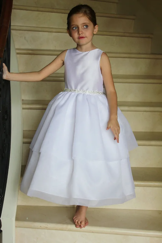 Elegant Women's Evening Garments White Faux Silk Organza Tiered Crystal Belt Dress - style 4953T