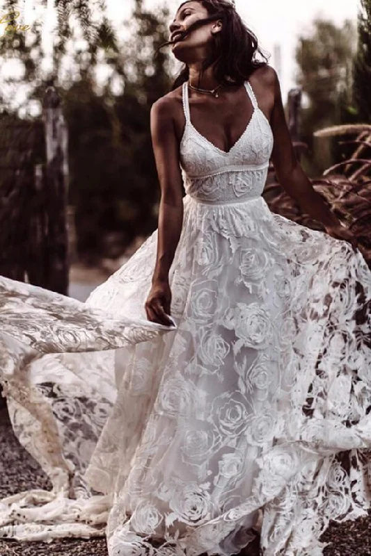 Boutique Styles Roycebridal Beautiful A-line V-neck Lace Straps Long Wedding Dresses, Bridal Dress, MW523