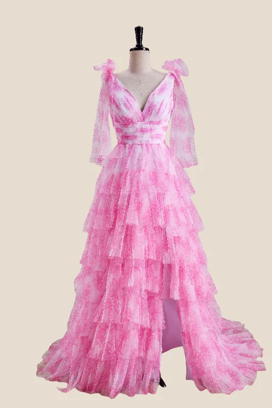 Stylish Savings Bow Tie Pink Floral Print Tiered Long Dress