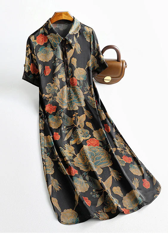 Chic Everyday Wear Flower Print Knotted Pocket Button Short Sleeve Lapel Dress Black