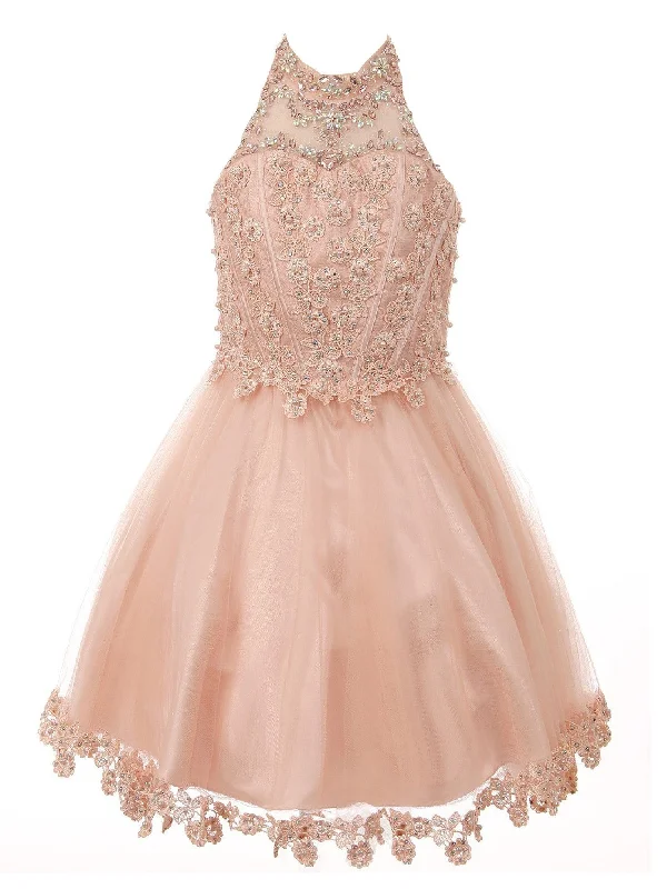 Women’s Stylish Outerwear Little Girls Blush Halter Neck Rhinestone Sequin Flower Girl Dress 4-6