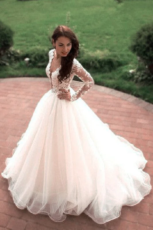 Online Boutiques Roycebridal Ivory Tulle Boho Princess A-line V-neck Long Sleeves Wedding Dresses, MW669