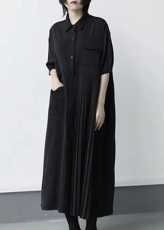 Best Fashion Deals Of The Season – Upgrade Your Style Loose Black Peter Pan Collar Patchwork Button Long Pleated Dresses Short Sleeve