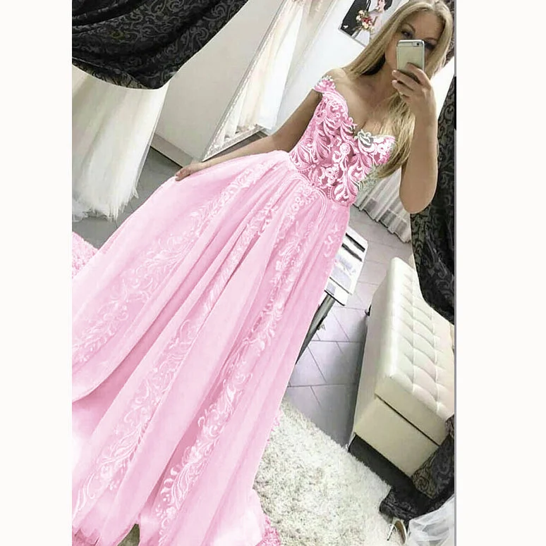Athleisure Wear LP5513 Gorgeous off the Shoulder Lace Prom dresses 2018 Girls Pageant Gown Formal Long Gown