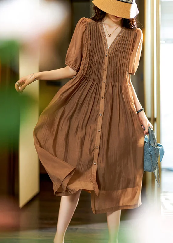 Casual Chic Classy Coffee V Neck Crystal Wrinkled Patchwork Chiffon Dress Summer