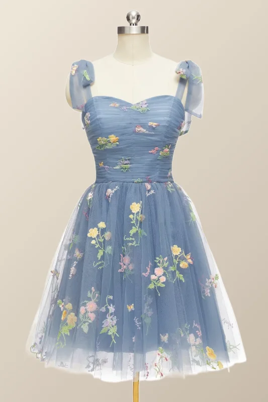 Latest Fashion Tie Shoulders Blue Floral A-line Short Dress