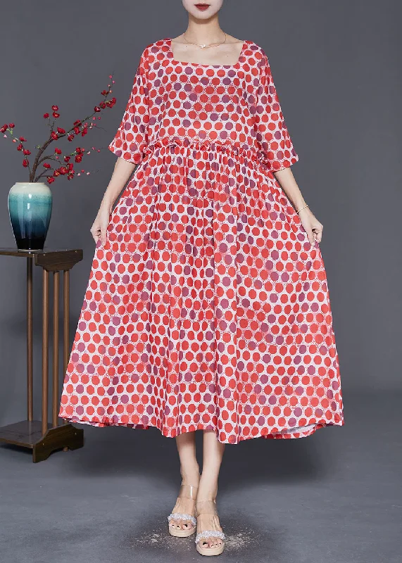 Best Fashion Deals Of The Season – Upgrade Your Style Elegant Red Square Collar Ruffled Print Robe Dresses Half Sleeve