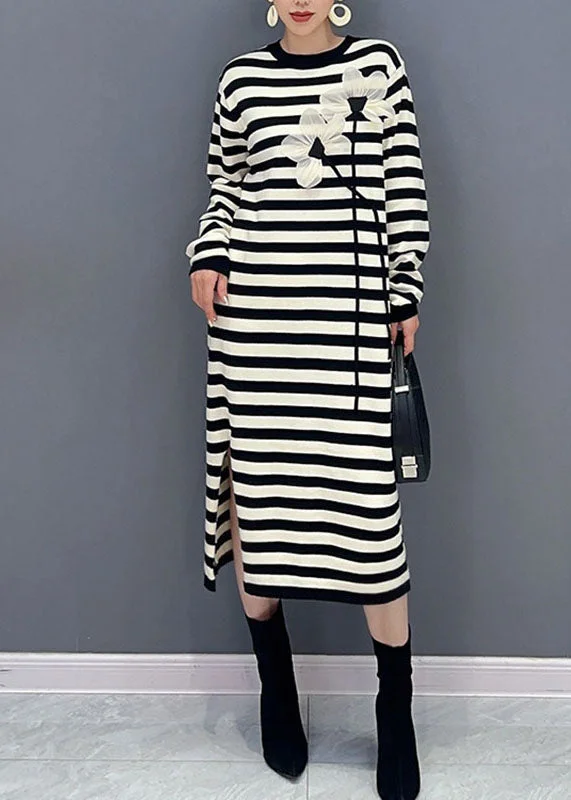Online Clothing Boutiques French Striped O-Neck Floral Side Open Holiday Long Dress Long Sleeve