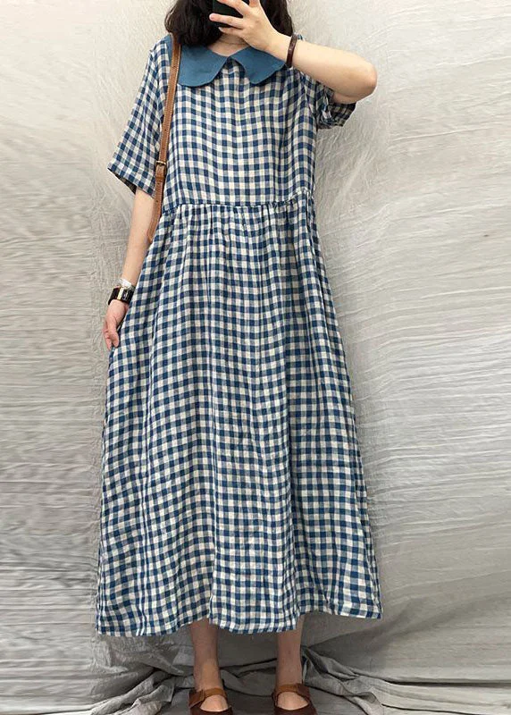 Last Chance To Grab These Amazing Deals Plus Size Blue Peter Pan Collar Plaid Linen Dresses Summer