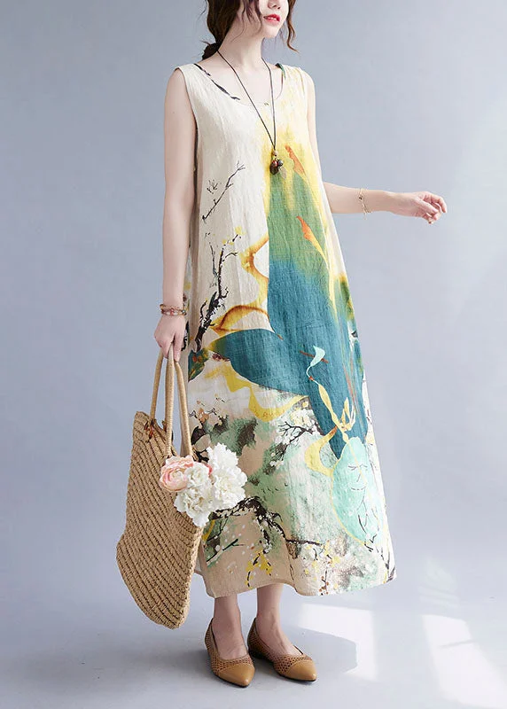 Limited-Time Offers You Can't Ignore Vintage Beige Print O-Neck Linen Vacation Dresses Summer