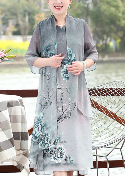 Limited Time Offers Chinese Style Grey Asymmetrical Print Patchwork Chiffon Dresses Summer