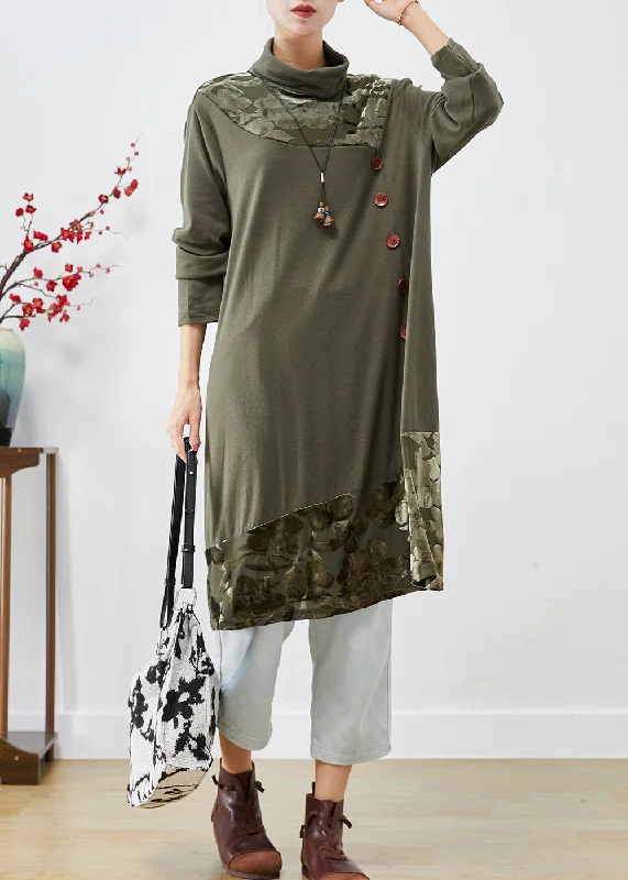 Flash Sale On Trendy Outfits – Don't Miss Out Natural Green Turtle Neck Patchwork Jacquard Silk Velour Dresses Fall