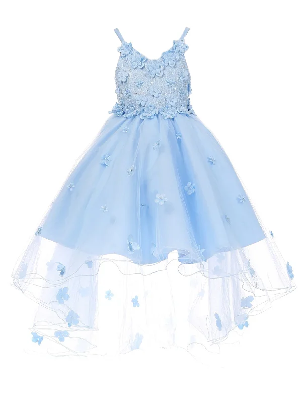 Fashionable Dresses for Women Little Girls Blue 3D Flower Embedded High Low Tulle Flower Girl Dress 2-6