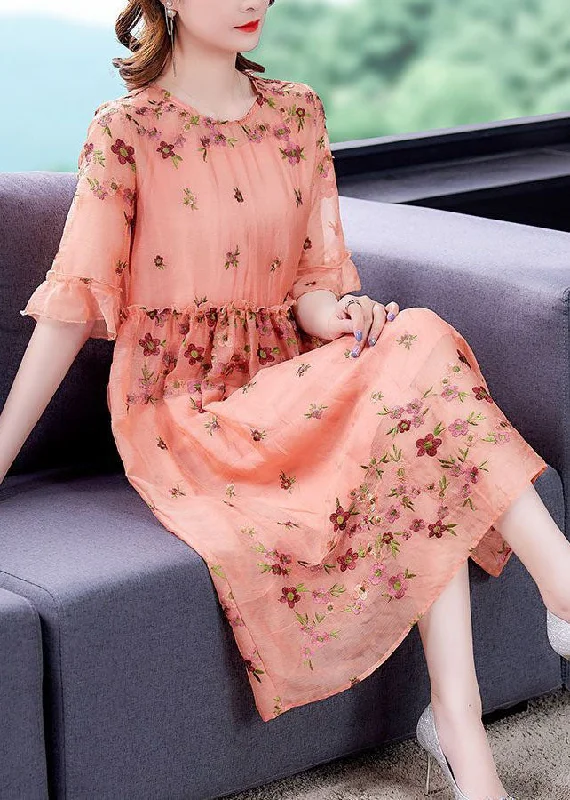 Best Prices Of The Season Italian Orange O-Neck Embroideried Ruffled Silk Vacation Dresses Summer