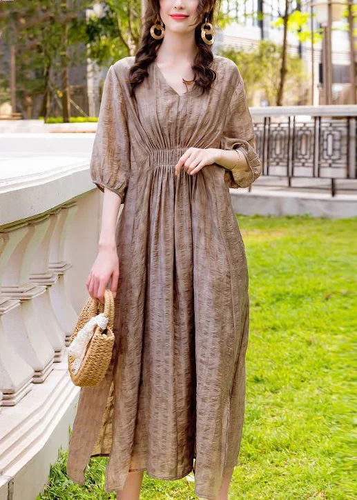 Trendy Street Style Attire French Khaki V Neck Wrinkled Silk Vacation Dresses Summer