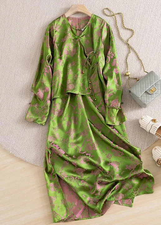 Refresh Your Wardrobe With Our Fashion Deals Jacquard Green Button Patchwork False Two Pieces Silk Dresses Fall
