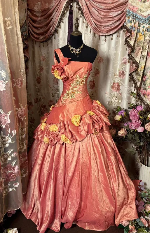 Casual Fashion Vintage Floral One Shoulder A-Line Satin Long Evening Ball Gown, D205