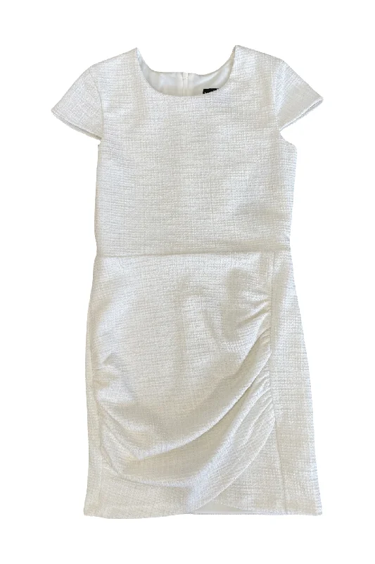 Hurry Before It's Gone White Tweed Cap Sleeve Ruched Dress