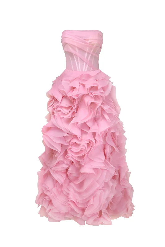 Elegant Fashion Voluminous rose appliques pink maxi dress, Garden of Eden