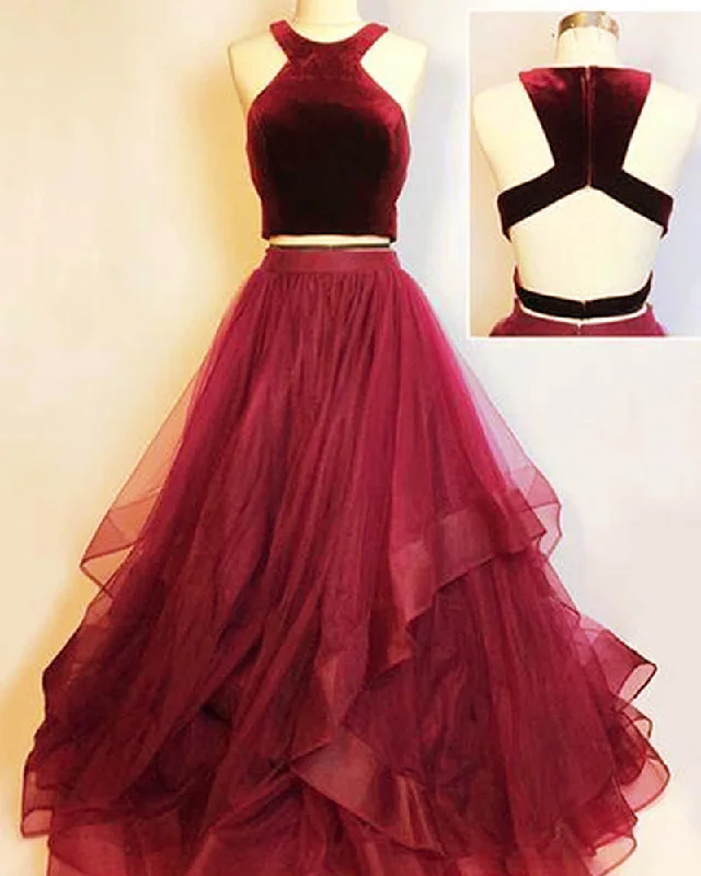 Women Clothing Burgundy Crop Top Prom Dress Girls Formal Party gown