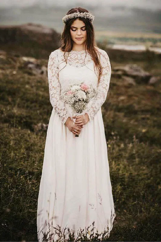 Women's Clothes Roycebridal Chiffon Lace A-line Bateau Long Sleeves Wedding Dresses, Bridal Gown, MW846