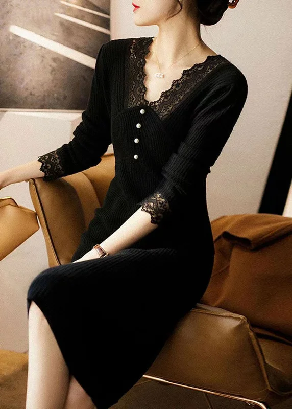 Quality Driven Apparel Elegant Black V Neck Lace Patchwork Woolen Dress Fall