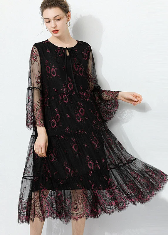 Special Occasion Wear Fashion Black O Neck Hollow Out Lace Patchwork Tulle Dress Summer