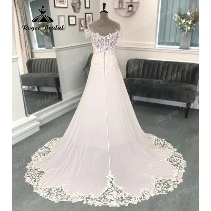 Luxe Women's Fashion Summer Civil Lace Chiffon Off Shoulder Boho V Neckline Wedding Dress  Robe Mariee Sexy Bridal Gown vestido para boda playa