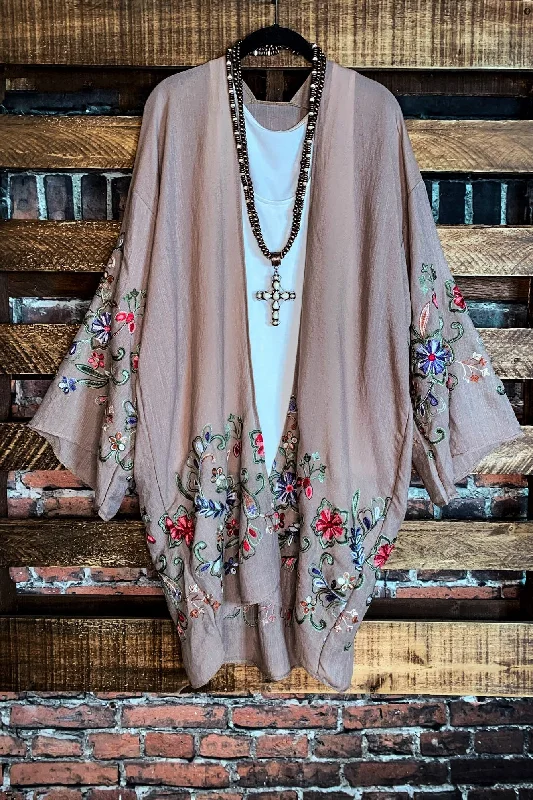 VIP Member Discount GO WITH GRACE ASH MOCHA FLORAL EMBROIDERED KIMONO