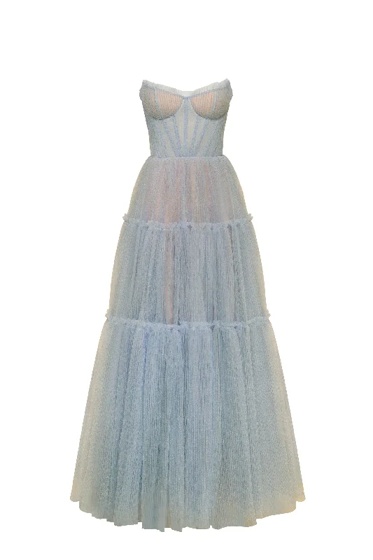 Athleisure Wear Ocean wave tulle maxi dress with ruffled skirt, Garden of Eden