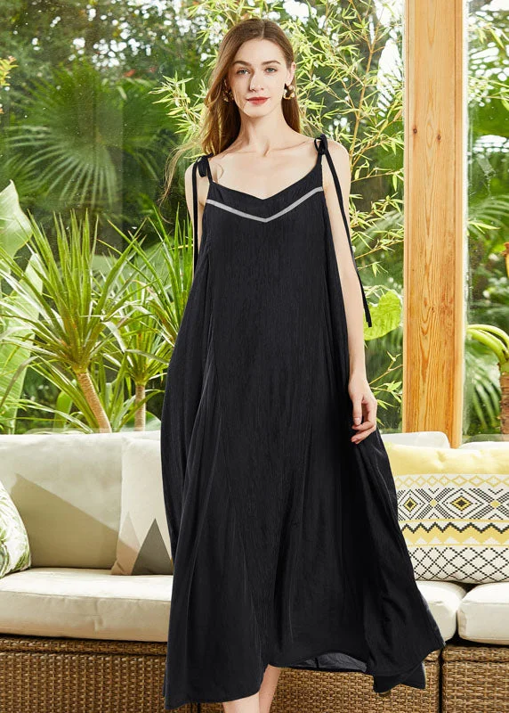 Stylish Women's Attire Black Patchwork Cotton Spaghetti Strap Dress Exra Large Hem Summer