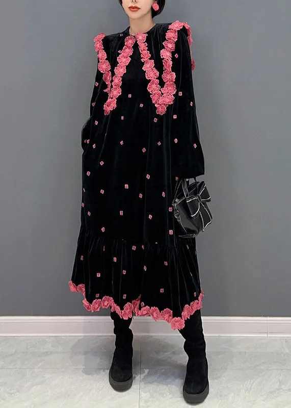 Limited Styles French Black O Neck Floral Silk Velour Maxi Dress Winter