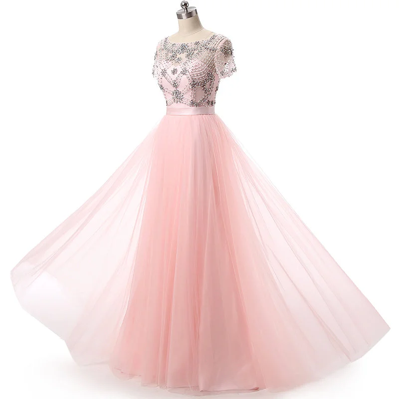 Flash Discount 2025 New Pink Long Prom Dress for Girls Party Gown with Crystal Short Sleeves