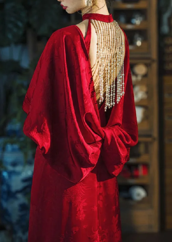 Massive Savings Chinese Style Red Stand Collar Backless Patchwork Silk Dresses Fall