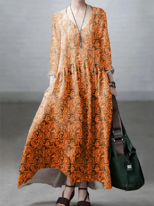 Daily Deals Simple and Loose V-neck orange print Cotton and Linen Dress