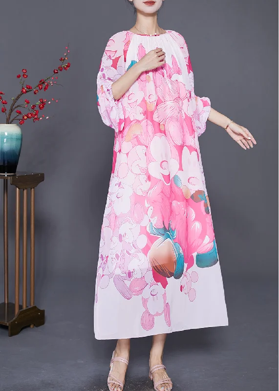 Must-Have Women's Fashion At The Lowest Prices Stylish Pink Oversized Print Chiffon Beach Dresses Lantern Sleeve