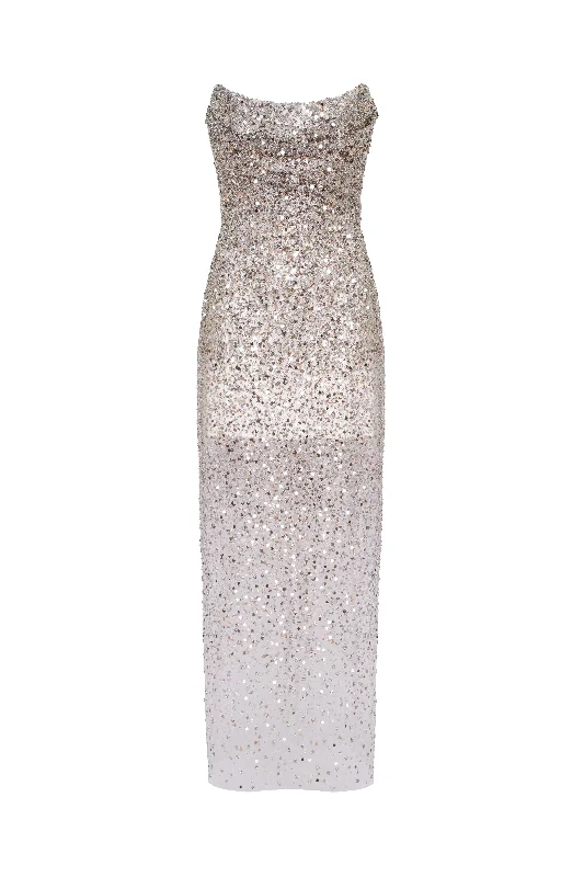 Luxe Women's Fashion Entrance-worthy semi-sheer sequined silver maxi dress